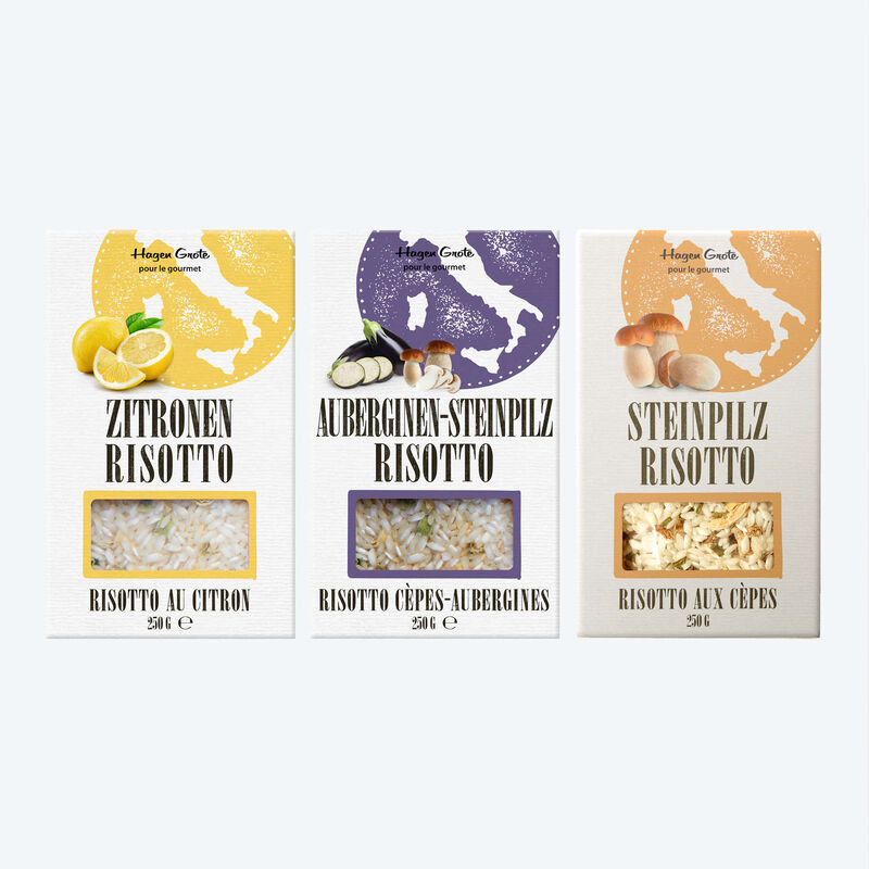3er-Set: Risotti mit Premium Carnaroli-Reis: Zitrone, Aubergine-Steinpilz & Steinpilz