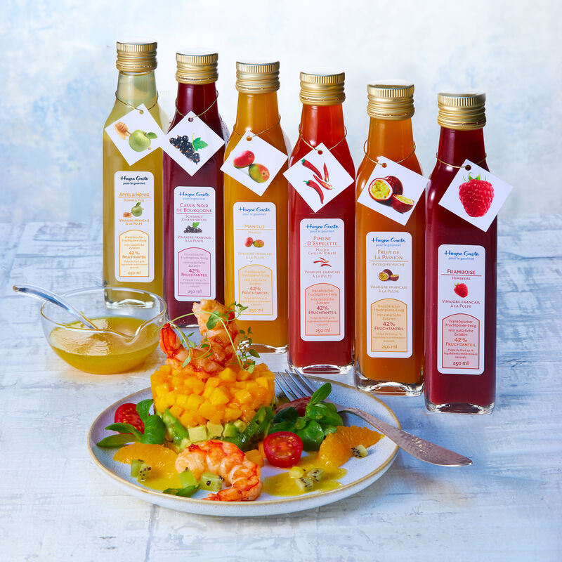 6-tlg. Set: Franzsischer Fruchtpree-Essig Cassis, Himbeere, Apfel-Honig, Passionsfrucht, Piment, Mango Bild 2
