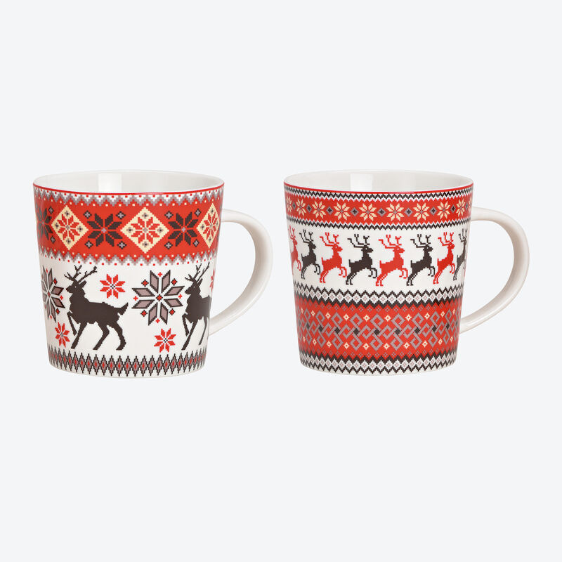 Heiße Schokolade, Tee, Kaffee, Glühwein aus Weihnachtsbechern im Norweger-Stil genießen, Kaffeebecher, Porzellan-Tasse, Kaffeeta