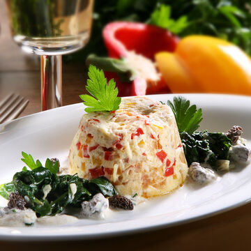 Produktbild fr 'Flusskrebs-Flan mit Blattspinat und Morchelrahmsauce'