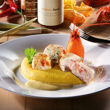 Produktbild fr 'Flusskrebs-Geflgel-Bllchen auf Krbispree mit Zitronengras-Krbis-Sauce'