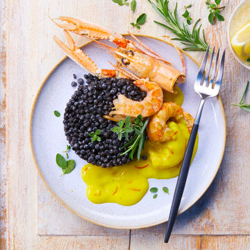 Produktbild fr 'Fregula sarda nero con scampi e salsa allo zafferano'