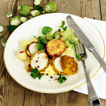 Produktbild fr 'Gebackene Jakobsmuscheln auf Pastinaken- und Rosenkohlpree'