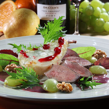 Produktbild fr 'Geflgelleber mit Gorgonzola-Birnen und Portwein-Orangen-Sauce'