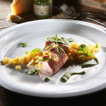 Produktbild fr 'Kartoffel-Risotto mit pochiertem Lachs und Estragonsenf-Creme'