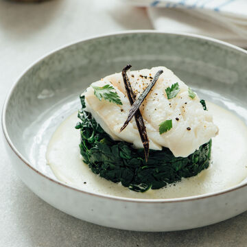 Produktbild fr 'Skrei auf Spinat mit Vanillesauce'