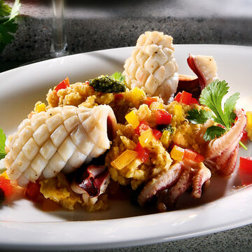 Produktbild fr 'Tintenfischrllchen mit Koriander-Pesto auf Kichererbsenpree'