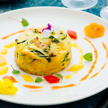 Produktbild fr 'Zucchini-Spaghetti Garnelen Flan mit bunter Paprika Cremesauce'