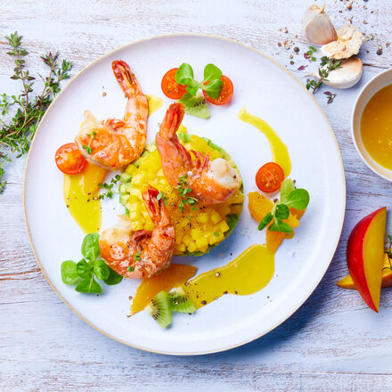 Produktbild fr 'Avocado-Mango-Salat mit Garnelen und Mango-Fruchtpree-Vinaigrette'