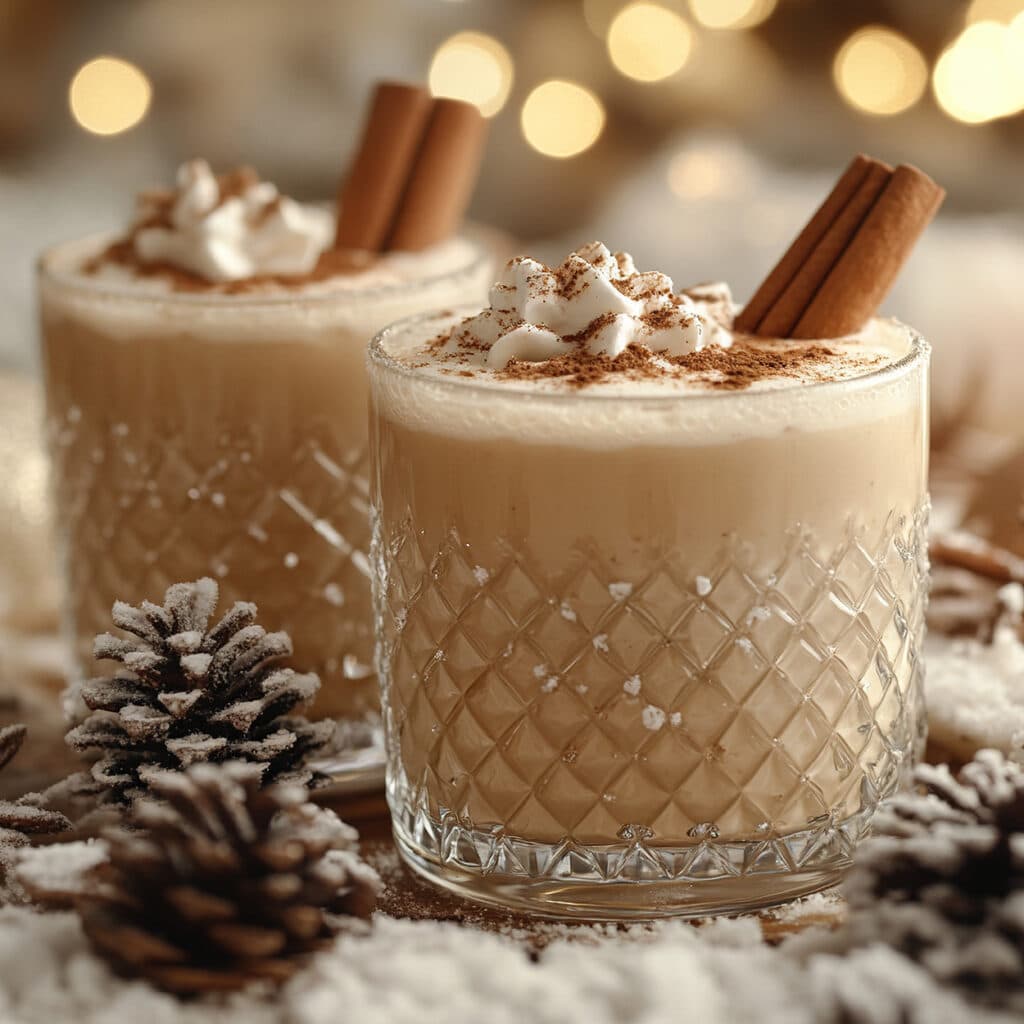 Cremiger Eierlikör im Glas mit Zimtstangen und Sahne, festlich dekoriert mit Zapfen und Schnee