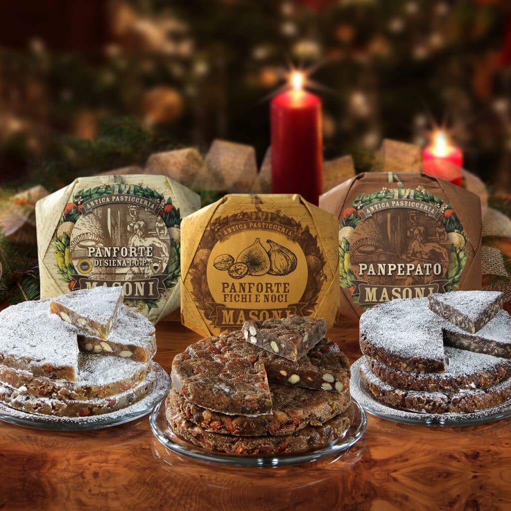 Panforte und Panpepato Spezialitäten aus Siena, traditionelle italienische Früchtekuchen mit Nüssen, Feigen und Gewürzen.