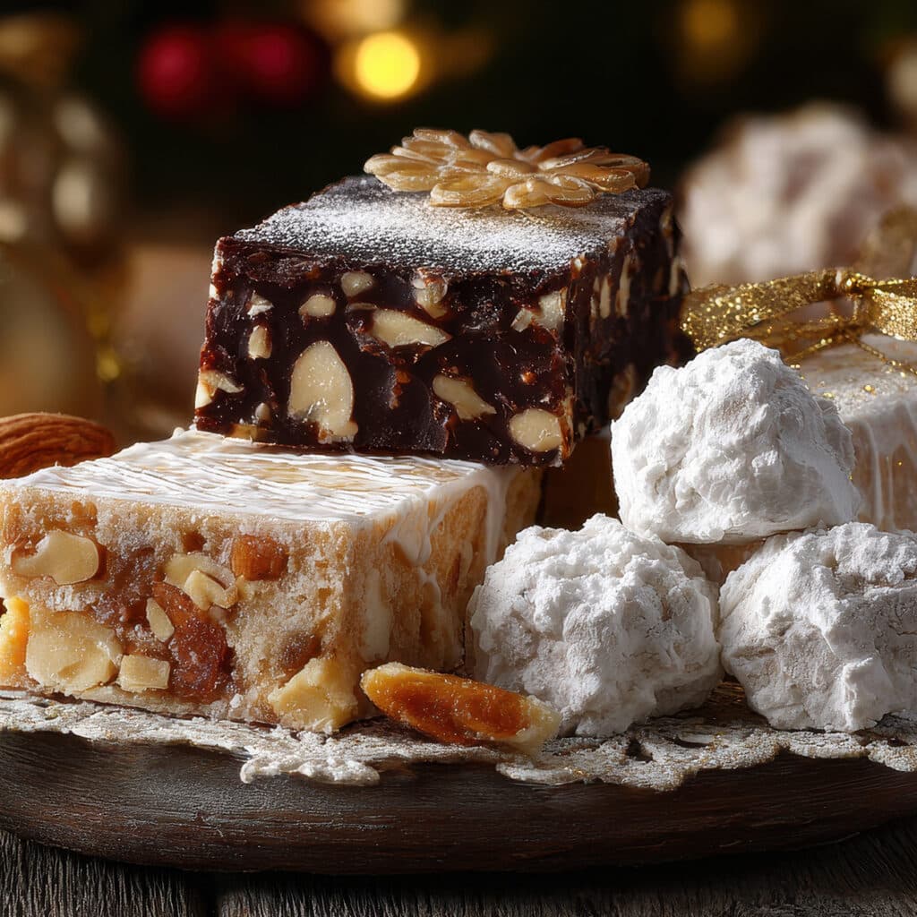 Italienisches Gebäck Panforte und Panpepato mit Nüssen und Früchten, traditionelle Weihnachtskuchen