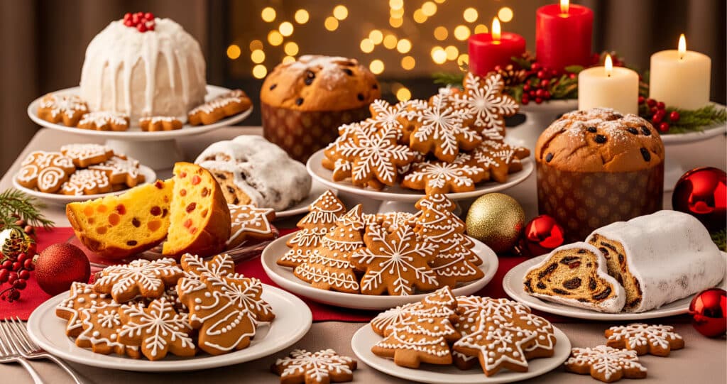 Weihnachtsplätzchen in Schneeflocken- und Tannenbaumform mit Zuckerguss, Panettone und Stollen auf festlicher Tafel
