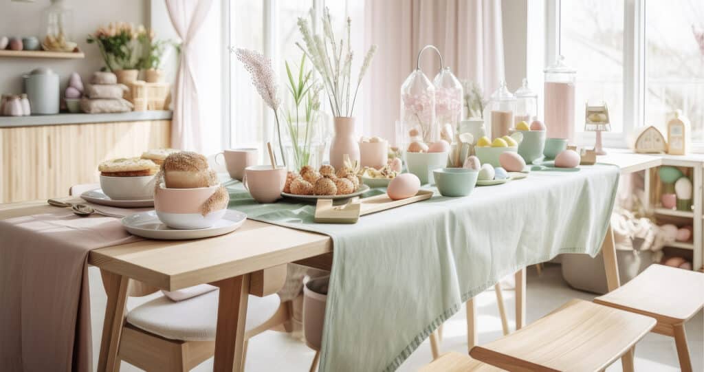Frühlingshaft gedeckte Ostertafel mit pastellfarbenem Geschirr, Eiern und Blumen in hellem Esszimmer.